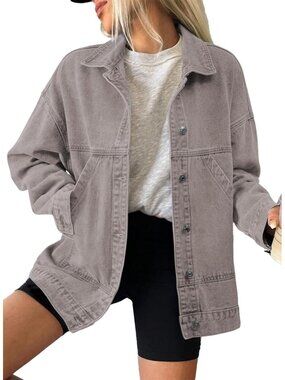 Women's Grey Long Sleeve Fall Winter Casual Pockets Jean Jacket Coat